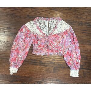 For Love & Lemons Lara Pink Purple women's floral v-neck crop top size small